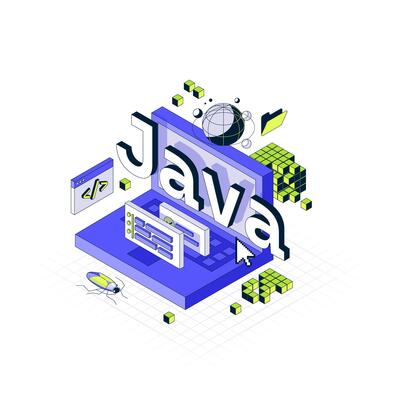 Concept of computer Programming in Isometric style. A large inscription Java. Minimalistic Axonometric Interface. 3d illustration in different dimensions. Big Ui graphics