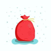 Santa's red sack, gifts. Signed postcard, Winter, illustration, snow. New Year, Christmas, snowflakes. Isolated background. Boxing day. vector