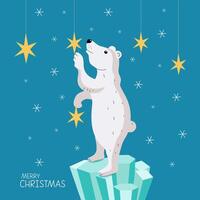 Cartoon polar bear and Christmas star. Arctic animal on ice crystals. Merry Christmas, hand lettering, signed postcard. Winter illustration, snow, ice floe, snowflakes. Isolated color background. vector