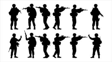 Army soldier and weapons with the rifle and other equipment silhouette in collection design vector