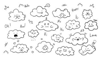 Cute and kawaii cloud. Cute cloud characters set. Cloud symbols, weather icons, nature design. Set of cute pen line doodle element . vector