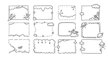 Hand drawn doodle frame set . Cosmos, moon, kids. Curve borders pencil effect grunge line, Isolated on white background. vector