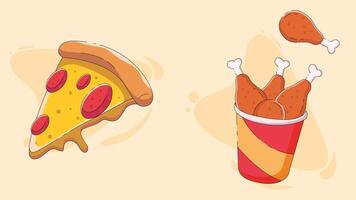 A pizza and chicken wings are shown in a cartoon style vector