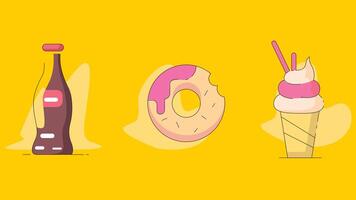 A set of donuts, ice cream and soda on a yellow background vector