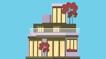 a cartoon building with a balcony and trees vector