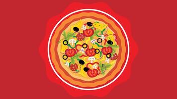 Pizza with olives and tomatoes on a red background vector