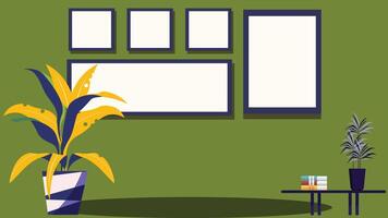 A green room with a plant and two frames vector