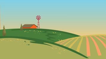 an illustration of a farm with a windmill and a house vector