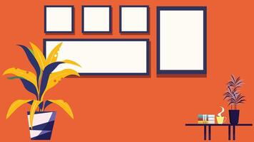 An orange wall with a plant and two frames vector
