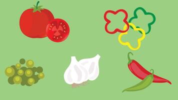 A set of vegetables and fruits on a green background vector