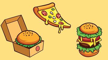 A hamburger, pizza and a box with cheese vector