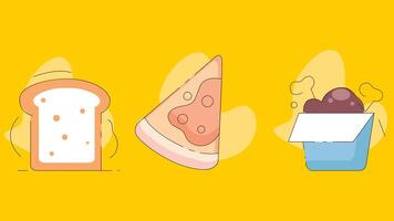 A cartoon illustration of a slice of bread, a slice of cheese and a slice of pizza vector
