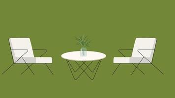 Two chairs and table with plant on green background vector