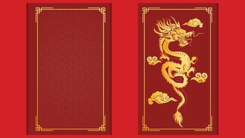 Chinese dragon banner with gold frame on red background vector