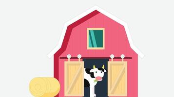 a cow is standing in front of a barn with doors open vector