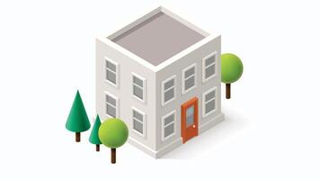 isometric illustration of a house with trees and a door vector