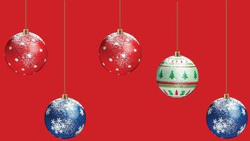 Christmas decorations hanging from strings on a red background vector