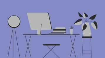 a desk with a computer, chair, lamp and plant vector