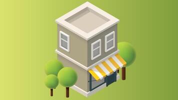 an isometric illustration of a small building with trees vector
