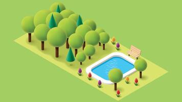isometric illustration of a pool surrounded by trees vector