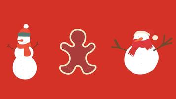 three snowmen and a gingerbread man on a red background vector