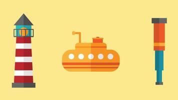 a set of flat icons depicting a lighthouse, a boat and a pencil vector
