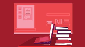 a laptop sitting on a desk with books and a bookcase vector
