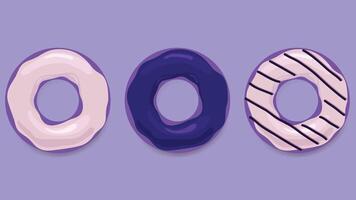 Three donuts with different colors on a purple background vector