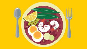 a plate with food and utensils on a yellow background vector