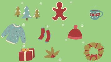 christmas icons on a green background vector