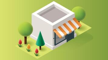 an illustration of a small store with trees and flowers vector