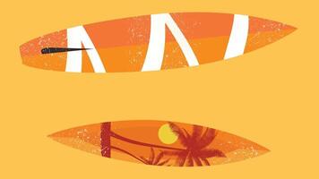 a surfboard with a palm tree and a sunset vector