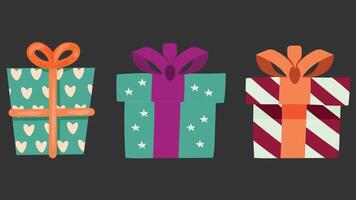 three gift boxes with ribbons and bows on a black background vector