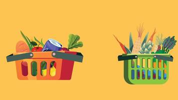 two baskets with different types of food in them vector