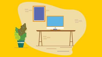 a computer desk with a plant on it vector