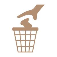 Hand pointing to a trash bin with an object being discarded, symbolizing waste disposal or decluttering. Ideal for waste management and recycling themes vector