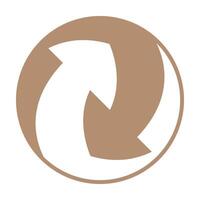 Circular icon with a brownish color featuring a stylized arrow curving counterclockwise, symbolizing rotation or movement. Commonly used on packaging to indicate recyclability or reusability vector
