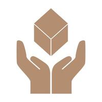 Minimalist icon of two hands cupping a box in monochrome brown, symbolizing protection, care, and support and to handle it with care vector