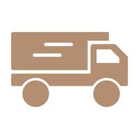 A simple, stylized icon of a delivery truck, composed of basic geometric shapes. The main body of the truck is a rectangle, and the wheels are represented by two circles vector