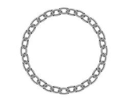 Realistic metal circle frame chain texture. Silver color round chains link isolated on white background. Strong iron chainlet solid three dimensional design element. vector