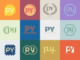PY logo company template. Letter p and y logotype. Set different classic serif lettering and modern bold text with design elements. Initial font typography. vector