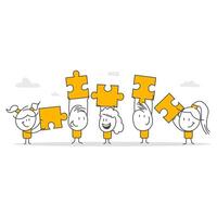 People who hold puzzle pieces together to connect and assemble in collaboration and partnership. vector