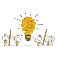 Business people brainstorming with sticky notes combined with bright light bulb idea. vector