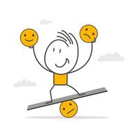 Careful calm man using hand to balance smile and sad face. vector