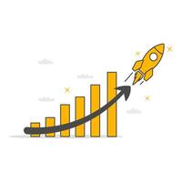 Financial report chart with exponential arrow from flying rocket. vector