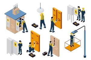Technician electrics 3d isometric mega set in isometry graphic design. Collection elements of transformer booth, lamp repair, cables fixing, wiring, electrician service, other. illustration. vector