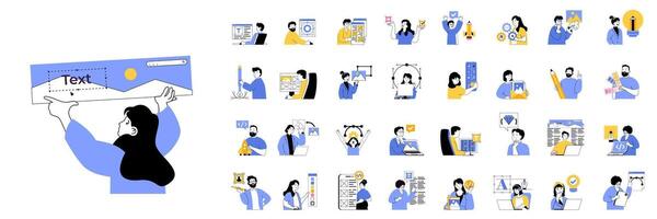 Design development concept set in flat design for web. Bundle situations with people creating interface layouts, selecting colors, drawing elements and content, making homepage. illustrations. vector