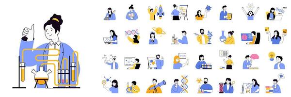 Science lab concept mega set with character scenes in flat design for web. Bundle situations with people make chemical research, learning plants or viruses, work in laboratory. illustrations. vector