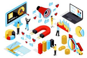 Marketing strategy 3d isometric mega set in isometry graphic design. Collection elements of data analysis, charts, target, megaphone, laptop, statistics, magnet, content, other. illustration. vector