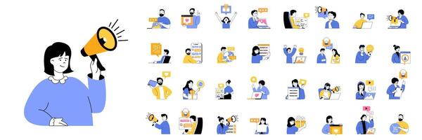 Social media concept mega set with character scenes in flat design for web. Bundle situations with people promote online, watching , follow live broadcasting, share posts. illustrations. vector